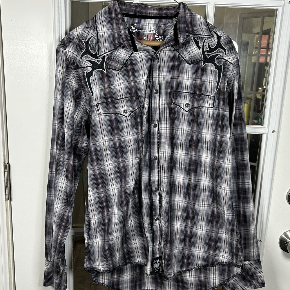 Rock 47 Wrangler Men's Western Plaid Snap Shirt Tribal Embroidery Medium